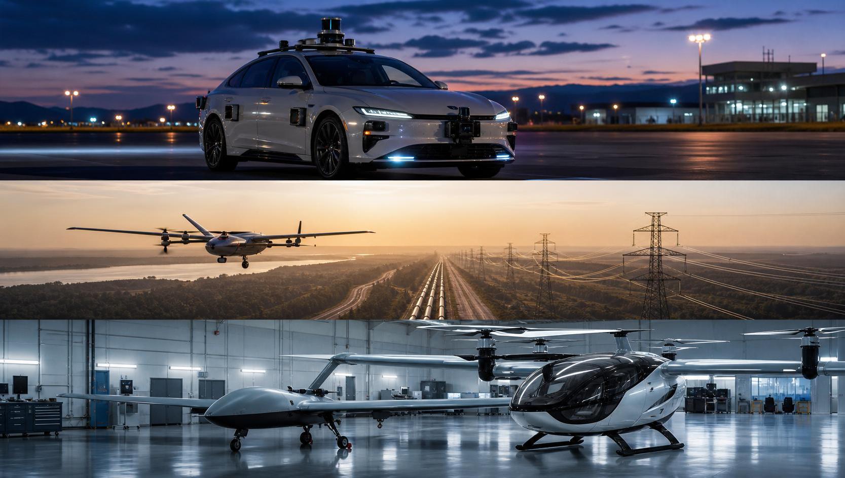Unmanned aircraft and eVTOL concepts in an aerospace hangar