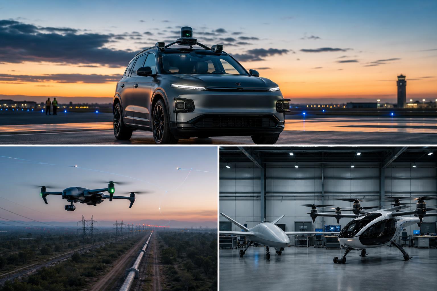 Autonomous test vehicle with sensor suite at dusk